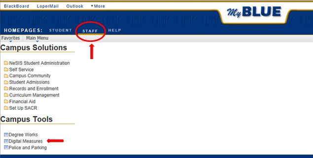 Login to Digital Measures under Campus Tools from the Staff Tab