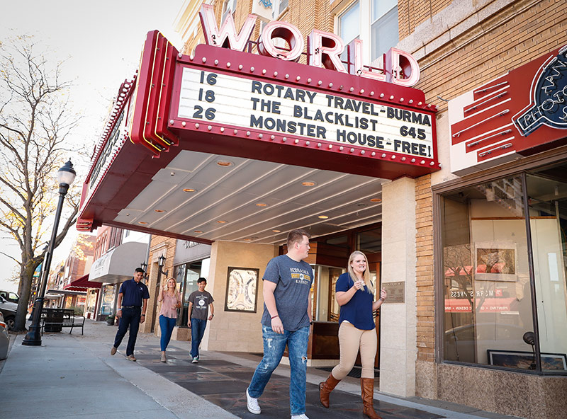 Students in front of the world theatre