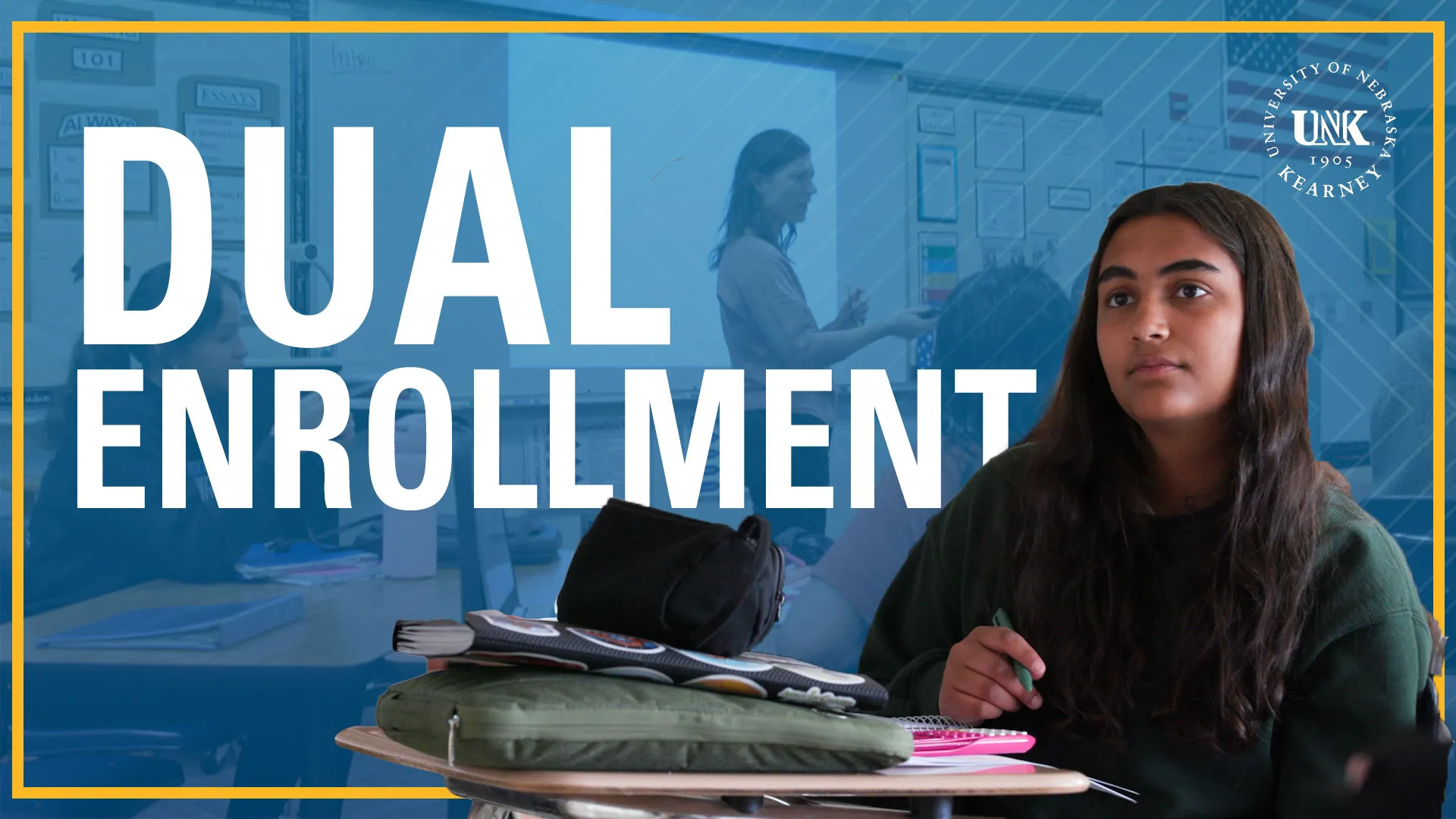 youtube thumbnail of a student sitting in class with the words dual enrollment