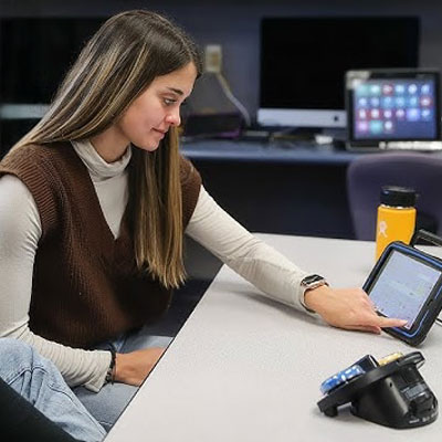 a student points to a tablet