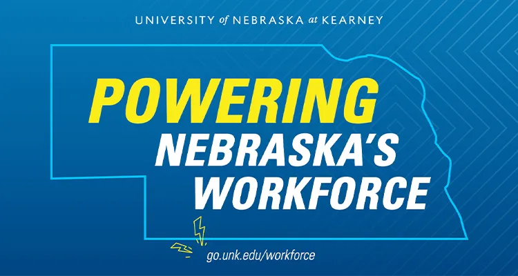 youtube thumnail showing an outline of nebraska with the words unk is powering nebraska's workforce