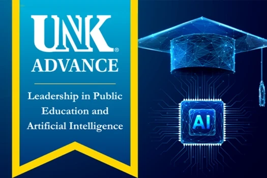 a unk banner over a stock image of a grad cap and ai chip