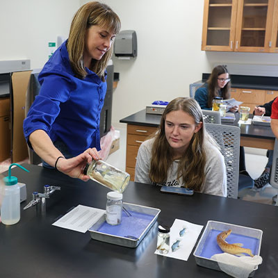 an instructor shows a specimen to a student