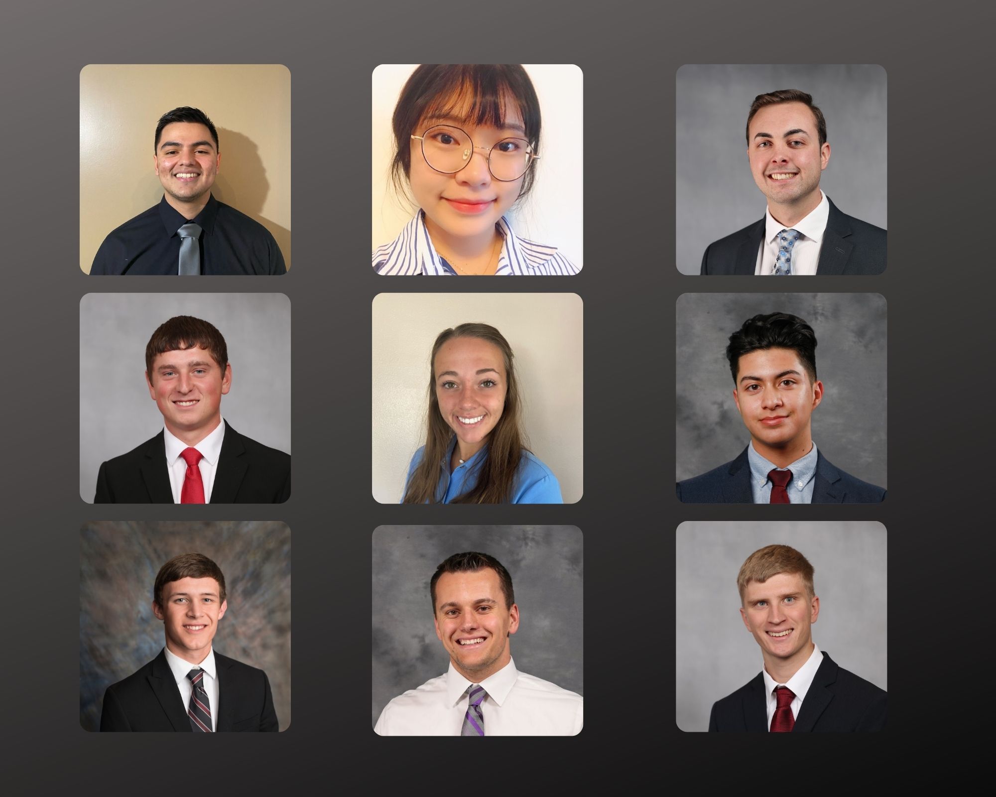 Top Row (L to R): Daniel Alvarez, Yutong Li, Max Beal Middle Row (L to R): Justin Peterson, Alex Dayton, Mark Barrientos Bottom Row (L to R): Wyatt Gleason, Cameron Barnes, Zach Ciboron