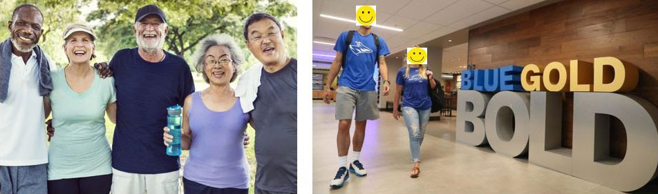 Group of elderly people together smiling and college age students walking on campus