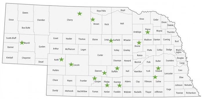 a map of nebraska showing the active communities from project knew. stars highlight the following communities: Ainsworth, Albion/Boone County, Bridgeport, Buffalo County, Dawson County, Eustis-Elwood, Friend, Holdrege, Keith County, Loup/Garfield Counties, Minden, North Platte, Pierce County, Seward County, Valentine/Cherry County