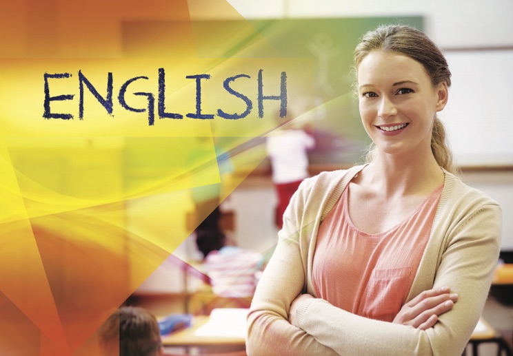 woman standing next to the word English