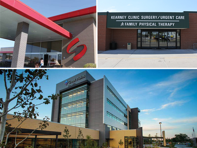 Collage of Local Hospitals and Clinics including New West, Great Plains Health, and Kearney Family Physical Therapy