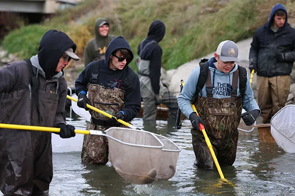 students participate in a fisheries experiment