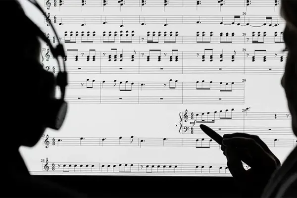 silhouettes of musicians working with composition software