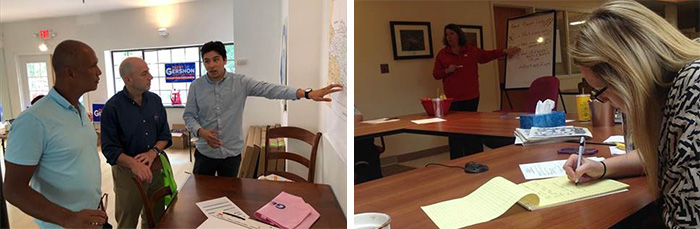 left- a student points at a map and talks, right - a woman writes on a legal pad during a meeting