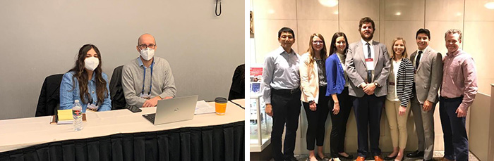 left - a man and a woman, both wearing masks, sit behind a table at a convention, right - a group poses for a photo at a convention