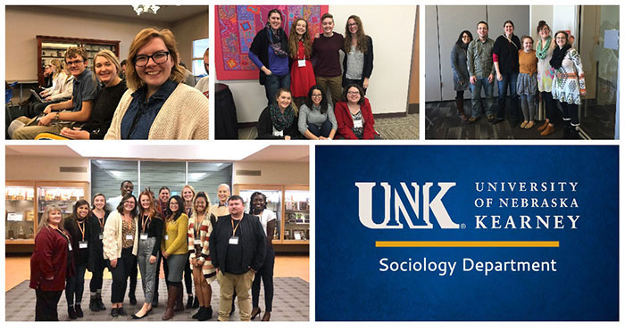 A collage of photos of groups of people posing for pictures at the NUSS symposium and a logo that says UNK Sociology Department