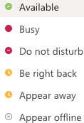 Screen shot showing the options for availability in teams