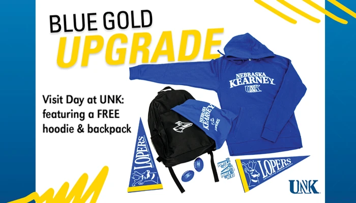 Blue Gold Upgrade graphic showing giveaway swag