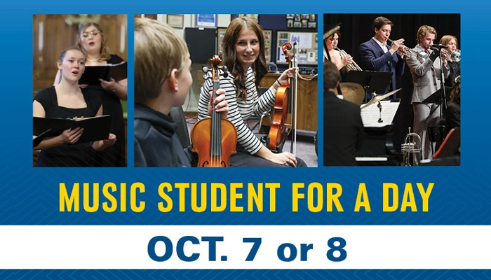 collage of music students with the text music student for a day october 7 or 8
