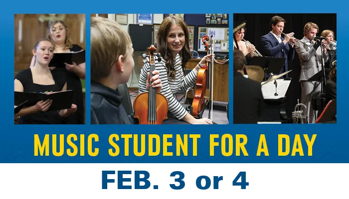 collage of music students with the text music student for a day February 3 or 4