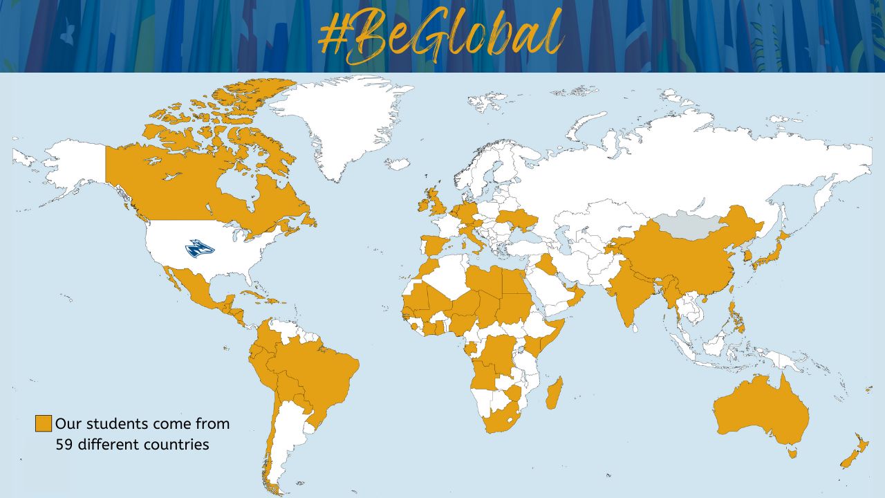 World map showing all 59 countries that UNK students come from.  Some of these include World map showing all 59 countries that UNK students come from.  Some of these include Spain, El Salvador, Canada, Oman, Guatemala, Korea, Cuba, China, Nepal, Mexico, and Japan