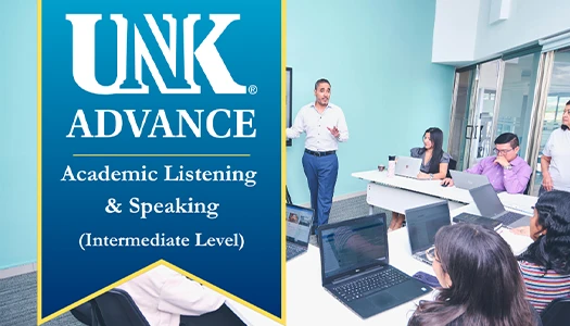 stock photo of a classroom with a unk advance banner over it