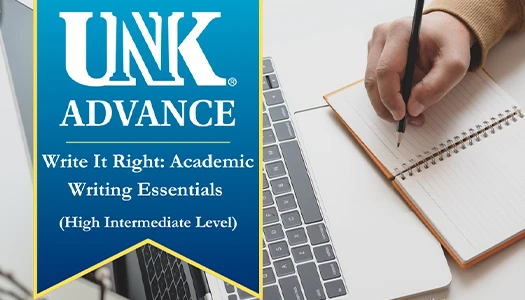 stock photo of a person writing with a unk advance banner over it