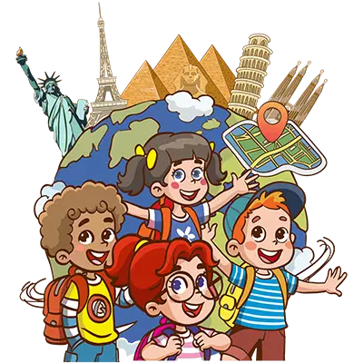 Cartoon of smiling kids with backpacks in front of a globe and famous landmarks, holding a map and location pin.