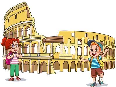 Cartoon of two kids smiling and waving in front of the Roman Colosseum.