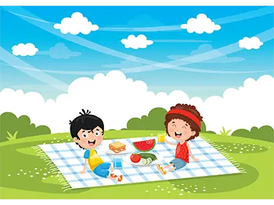 Cartoon of two children having a picnic on a blanket in a grassy park with snacks and a blue sky overhead.