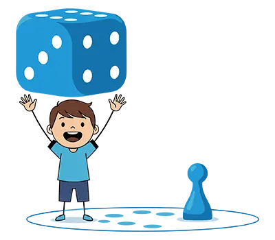 Cartoon boy holding up an oversized blue die above his head.