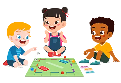 Cartoon of three kids sitting on the floor and playing a board game together.