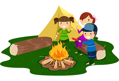 Cartoon of children camping by a campfire outside a tent with logs nearby.