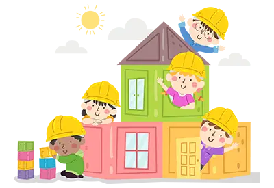 Cartoon children wearing hard hats building a colorful toy house together.