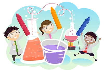 Cartoon of children playing with oversized crayons and colorful science beakers and flasks.