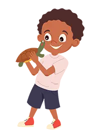 Smiling cartoon child holding a green toy dinosaur.
