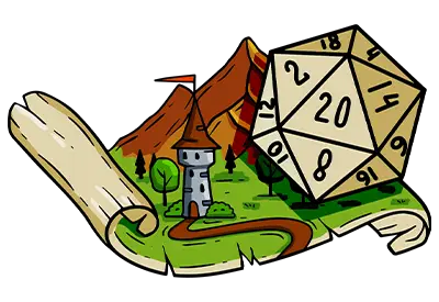 Illustration of a fantasy map scroll with mountains, a tower, a winding path, and a 20-sided die.