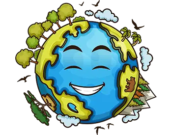 Smiling cartoon Earth with trees, clouds, and greenery around it.