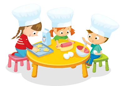 Cartoon of three children wearing chef hats preparing food at a table with eggs, a rolling pin, and mixing bowls.