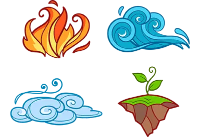 Four pixel-art icons: a flame, swirling wind, a cloud, and a floating rock with green leaves.