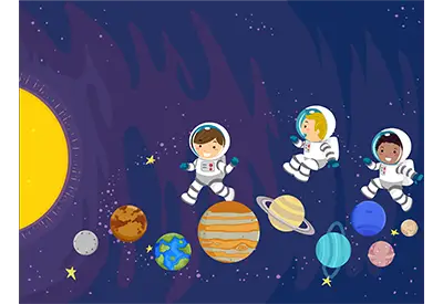 Cartoon illustration of three astronauts floating in space near colorful planets and stars.