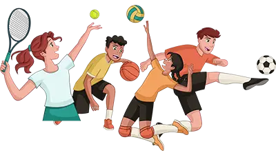 Cartoon illustration of kids playing different sports like basketball, soccer, tennis, and volleyball.