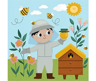 Cartoon beekeeper holding a honey jar beside a beehive, with bees flying among flowers under a smiling sun.