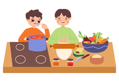 Illustration of two children cooking at a kitchen counter with a pot on the stove, a mixing bowl, and ingredients laid out.