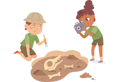 Illustration of two kids examining a dirt mound with animal bones, one taking a photo with a camera.