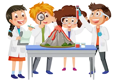 Cartoon of four kids in lab coats conducting a science experiment with a volcano model on a table.