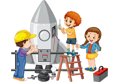 Cartoon of children building and wiring a rocket, with one child on a ladder and another holding tools.