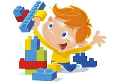 Cartoon child playing with colorful building blocks, smiling with arms raised.