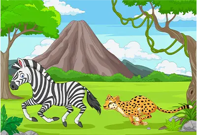 Cartoon zebra running alongside a cheetah in a grassy savanna with a mountain and trees in the background.