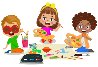 Cartoon of three kids sitting on the floor painting with colorful art supplies and palettes.