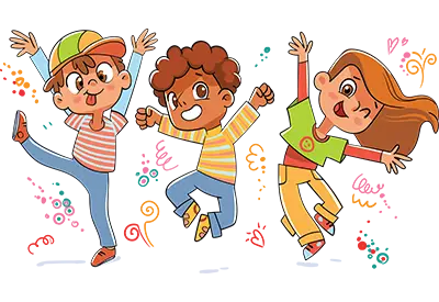 Cartoon of three kids dancing and jumping with arms raised.
