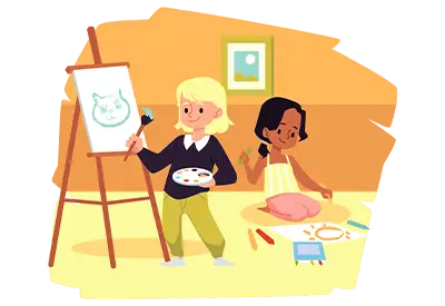 Illustration of two kids doing art, with one painting at an easel and the other working at a table with drawing supplies.