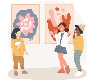 Three women chatting in an art gallery with abstract paintings on the wall.